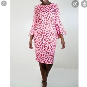 Eloquii Flare Sleeve Scuba Pencil Dress plus Size 14 knee length pink red